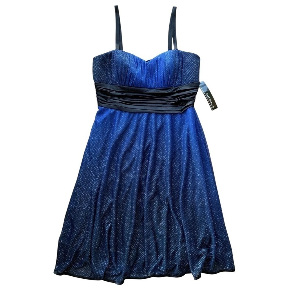 R&M Richards Metallic Shimmer Ombre Ruched Formal Dress Blue Black Size 6